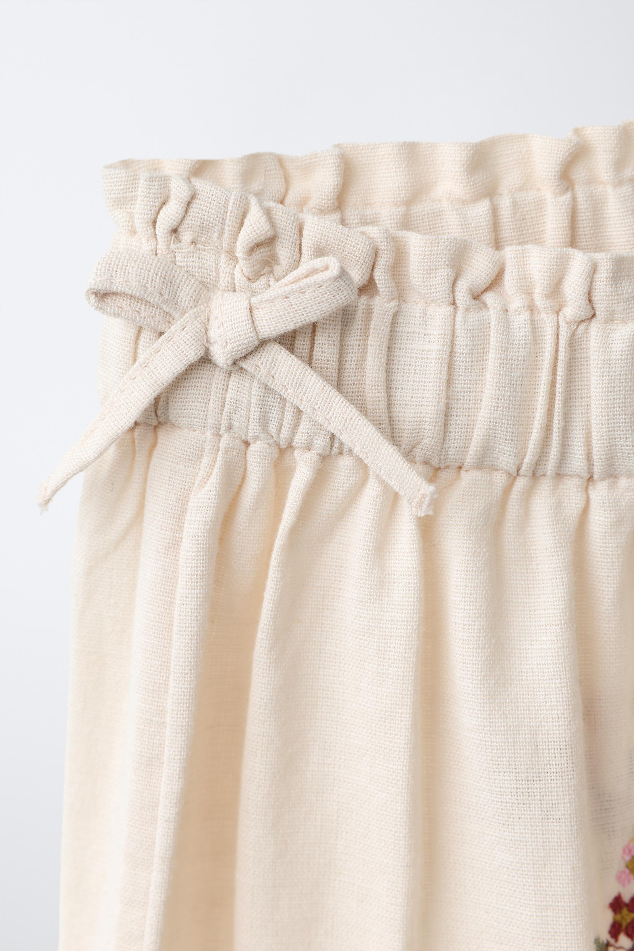 COTTON LINEN BLEND CROSS STITCH EMBROIDERED PANTS